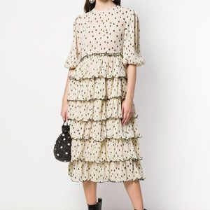 Ganni Tiered Polka-dot Plissé-chiffon Midi Dress